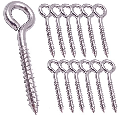 12 Pack 304 stainless steel screw eyes, heavy-duty screw hooks, small eyelets, indoor and outdoor,3.2 inches (Sealed 12 packs)