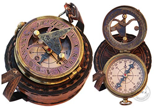 MAI Brass Handmade Sundial Compass - 2.6 Dia, 6.7cm x 1.5cm - Patina Antique - Vintage Style - Silent Mechanical Sundial Clock - Unisex Gift - Living Room Decor