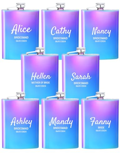Lot de 8 flasques personnalisées pour femme, 8oz/227ml, en acier inoxydable gravé pour demoiselle d'honneur, flasque personnalisée pour fête de mariage, cadeau d'anniversaire (multicolore)