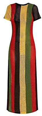 Dam flerfärgad sträng jamaicansk maxiklänning dam sida delad genomskinlig klänning, flerfärgad, L-XL