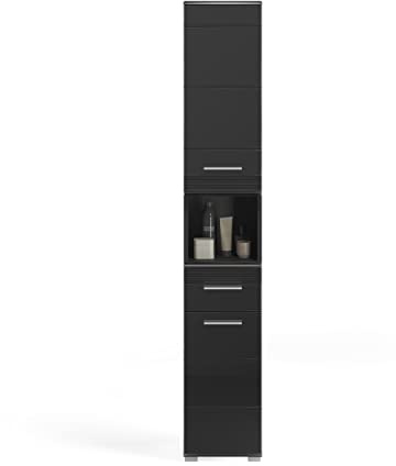 xonox.home - Hochschrank Linus 30x182x31 cm in Front schwarz Hochglanz Korpus schwarz - Badschrank schmaler Badezimmerschrank - modern, platzsparend und funktional
