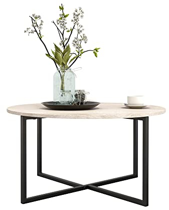 HOJINLINERO Couchtisch Rund,Beistelltisch,Sofatisch,Kaffeetisch,Metall Untergestell und Einer Tischplatte Aus Holz,Industriellen & Skandinavischen Interieur Design,Wohnzimmertisch,Modern,Schwarz