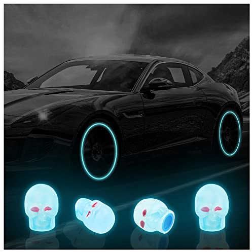 4 Stück leuchtende Totenkopf-Reifen-Luftventile, Ventilkappen, fluoreszierende Reifenventilkappen, universelle Reifenventilkappen für Auto, LKW, SUV, Motorrad, Fahrrad