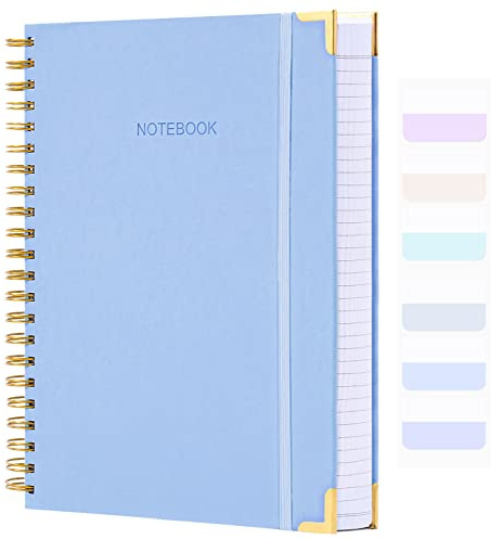 Amanple Spiral Notebook, College Ruled Notebook Journal, 7” x 10”, 300 Pages Leather Writing Journal for Women Men, B5 Hardcover Notebook for Work School, 24pcs Index Tabs, Light Blue