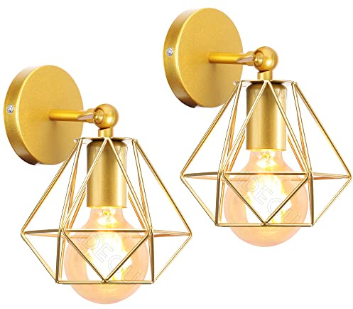 iDEGU 2 Stück Wandleuchten, Vintage Wandlampe Innen im Industrie Design 16cm Käfig Lampenschirm Gold aus Metall Verstellbare Deckenleuchte Wandleuchte für Schlafzimmer Küche Flur Wohnzimmer
