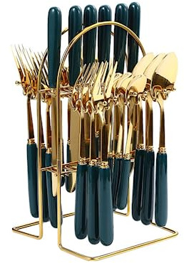 24 Pièces Poignée En Céramique Marbrée Imitation Cuisine Acier Inoxydable Argenterie Vaisselle Couverts Couverts Couteaux Fourchettes Cuillères Ensemble Pour 6 Personnes, (Vert foncé,Couleur unie)