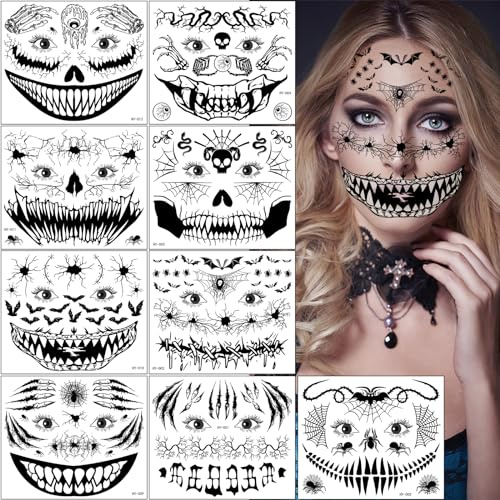 9 Blatt Halloween Gesicht Tattoos, Tag der Toten Totenkopf Skelett Spinne Skull Temporäre Tattoo Aufkleber für Männer Damen Halloween Gruselparty Mottoparty Karneval Maskerade Kostüm Accessoires