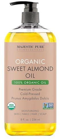 Majestic Pure USDA Organic Sweet Almond Oil | 100% Pure & Natural Cold Pressed Oil Sweet Almond Oil for Skin, Face, Nails, Hair, Scalp & Massage | 8 fl oz