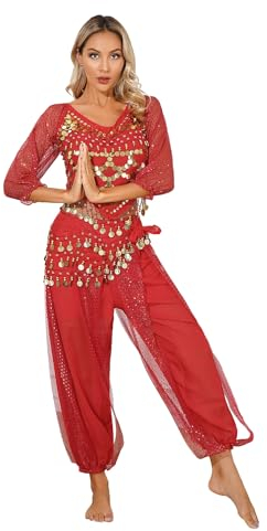 MSemis Damen Bauchtanz Kostüm Set Pailletten Tanzkleidung Indische Tanz Performance-Kleidung Halloween Karneval Tanzende Professionel Kostüm Rot D Einheitsgröße