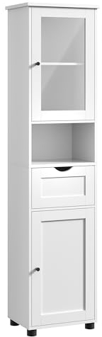 VASAGLE Tall Bathroom Cabinet Free Standing, Slim Bathroom Storage Cupboard, with Open Shelf, Glass Door, Water-Resistant Feet, Height Adjustable Shelves, Space-Saving, Cloud White BBK163W01