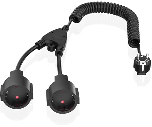 3M Verlängerungskabel mit 2 Schuko Steckdosen, Spiralkabel Spiralverlängerung von 0,6m bis 3 m Max, Verlängerungskabel Spiralleitung mit Doppel Schuko Stecker(230V/16 A), 2-Fach Steckdosen Schwarz