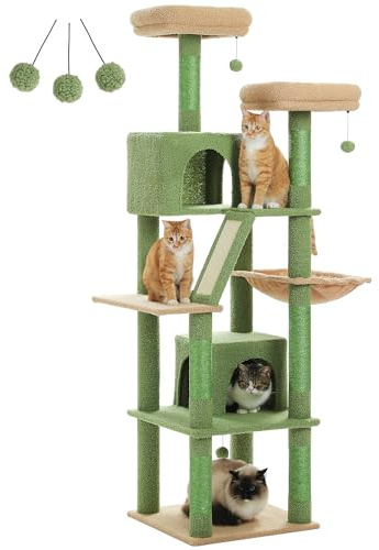 Petepela Arbre à Chat, Grand Tour de Jeux, avec 6 Poteaux à Griffer, 2 Planches à Griffer, 2 Plateformes, 2 Niches, 1 Hamac, 2 Pompons, Tissu Peluche, Multi-Niveaux, 180cm, Vert