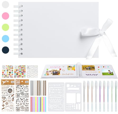 Fotoalbum zum Selbstgestalten, A5 Scrapbook Album Klein 60 Seiten Fotobuch zum Selbstgestalten DIY Geschenk Scrapbooking Set mit Stiften Schablonen Aufkleber Fotoecken, Weiß