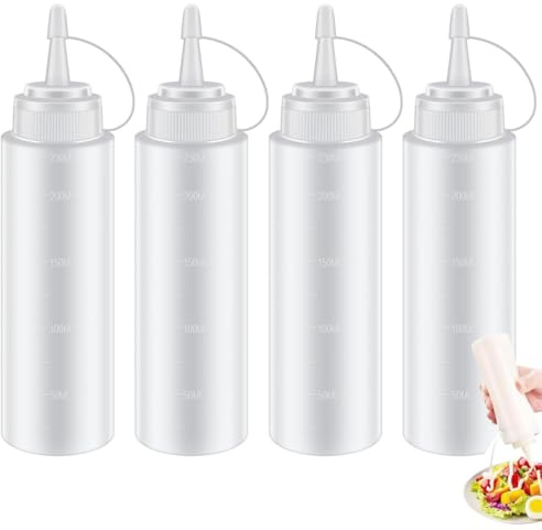 FKWKUW 4 Pcs Bouteille À Condiments,230Ml Transparent Presser Les Bouteilles, Flacon Souple En Plastique Pour La Peinture, La Cuisson, Le Ketchup, L'Huile D'Olive - Sans Bpa