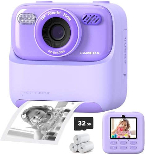Appareil Photo Instantané Enfant, 1080P HD Vidéo Selfie Caméra Enfant pour Enfants avec Carte de 32 Go et Papier Photo Imprim, Noël et anniversaire Cadeau Jouet pour Filles Garçons Adolescent 3-12 Ans