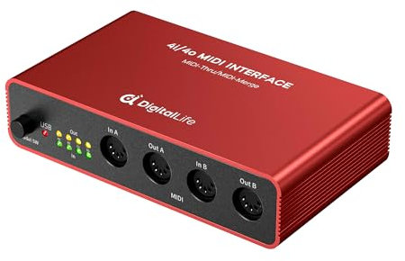 DigitalLife Standalone Quad-I/O 5-Pin DIN MIDI Interface - MIDI Thru Box (4-In/4-Out) & MIDI Merge Box (2-In/4-Out), 8 x LED Indicators, Metal Housing (UMB05)