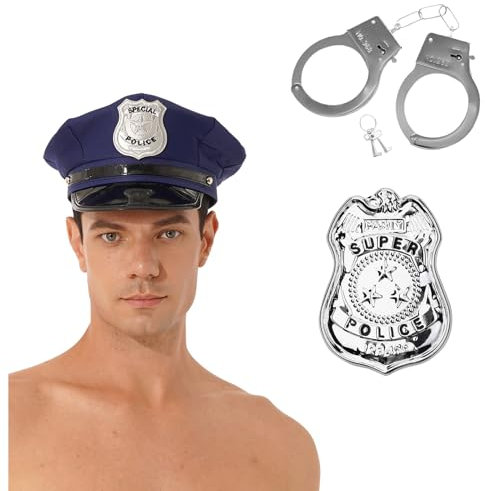 TiaoBug Unisex Polizei Kostüm Zubehör Polizeimütze Handschellen Polizeiabzeichen Cop Cap Polizei Detective Cosplay Fasching Karneval Mottoparty Blau Typ A One Size