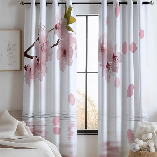 Cortinas, Cortinas Opacas Flores Flores De Cerezo Patrón Opaco con Ojales 140An x 245Al cm (2 Paneles) Bloqueo de Calor para oscurecer la habitación, Sala de Estar y Dormitorio Rosa