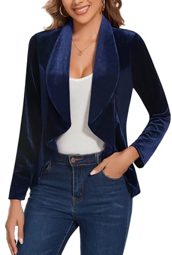 LADI TREND Veste en velours rétro vintage pour femme, blazer à manches longues avec ouverture sur le devant, volants, coupe régulière, non doublée pour les réunions de bureau, les rassemblements