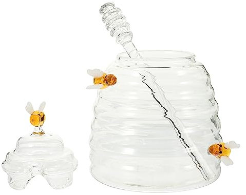 Cabilock Glass Honey Jar with Wooden Honey Dipper and Lid Syrup Dispenser for Home Cooking and Breakfast Table