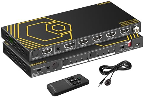 HDMI Matrix 4 in 2 Out 4K 60Hz 4:4:4 ARC HDR D-olby Vision Atmos SPDIF 5.1CH Breakout 3.5mm Stereo HDCP2.2 PC Console 16 EDID HDMI Scaler 4K 1080P Sync, HDCP2.2 HDMI2.0 Matrix 4x2 IR Remote