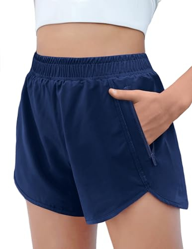 Arshiner flickor shorts sommarshorts enfärgade träningsbyxor aktiva shorts barn hög midja löpning cykelshorts sportbyxor med blixtlåsfickor 5-14 år, marinblå, 7-8 År