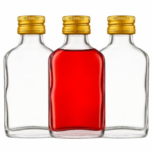 made in home Bouteille générique petite pour schnaps 50 ml à remplir soi-même – bouchon en métal doré – petite bouteille en verre réversible pour shots ou sauces épicées (100)