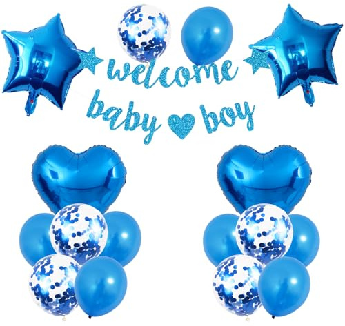 KOBOKO Welcome Baby Boy Décoration de bienvenue pour la maison, bébé garçon, ballons bleus avec guirlande de décoration Weclome pour la maison, pour fête prénatale, anniversaire