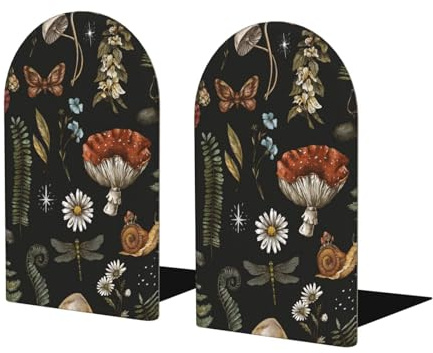 Mexpekil Book Ends Forest Mushroom Fall Leaves Daisy Wood Bookends For Shelves Non-Slip Bookends Support 2 Pcs Heavy Duty Book Stopper Holder For Office Library School Kids Room