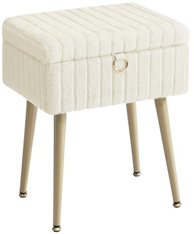 SONGMICS Sgabello da Trucco, Pouf Contenitore, Poggiapiedi, Gambe in Metallo, Imbottito, Piedini Regolabili, Soggiorno Camera da letto Cabina Armadio, Bianco Crema LOM505WZ02