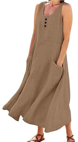 Cihdmfb Vestido de verano para mujer, largo de algodón y lino, elegante, monocolor, blusa, vestido maxi de verano, cuello redondo, sin mangas, sin mangas, vestido de playa, con bolsillos, Café
