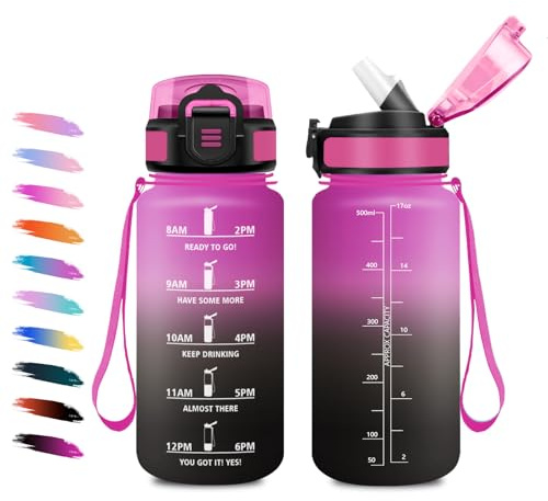 Bouteille d'eau 500ml, Gourde Enfant avec Paille, Marqueur de Temps, Facile à Nettoyer, Étanche et Réutilisable, Gourde Motivation pour Enfant, l'École, Bureau, Randonnée, Cyclisme, Camping, Gym