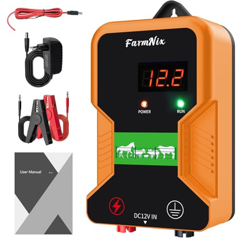 12V Weidezaungerät mit LED Anzeige, 2J Wasserdicht Elektrischer Weidezaun 230V für 15 KM Reichweite, LED Display Eelektrozaun für Schutz von Nutztieren,Haustieren,Geflügel, Hausweide,Gärten (Orange)