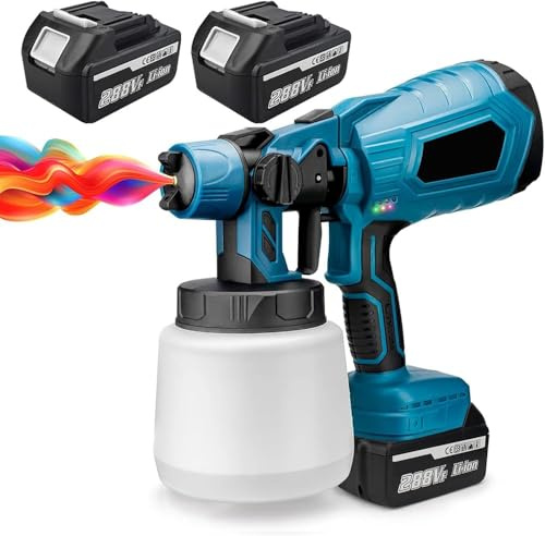 Pistolet de peinture électrique sans fil avec 2 batteries et chargeur, capacité de 1000 ml pour une peinture facile à l'intérieur et à l'extérieur de la maison