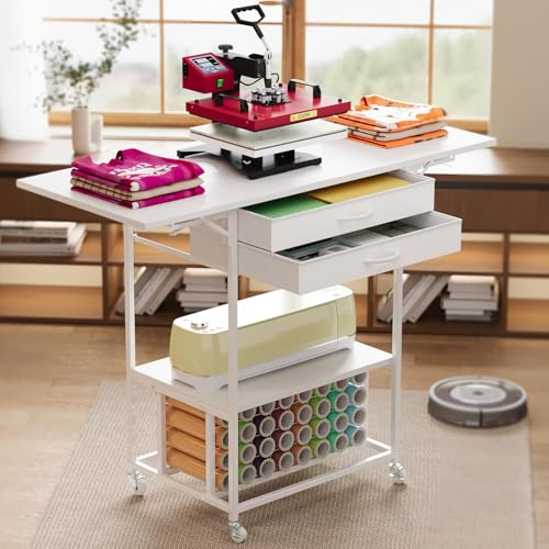 VENNQD Foldable Heat Press Table Stand, Movable Rolling Heat Transfer Machine Cart with 2 Storage Drawers Compatible with Cricut Vinyl Roll Holder DIY Crafting Table Workbench (White)