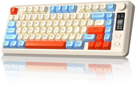 FREEWOLF M75 trådlöst tangentbord med dubbla lägen, Bluetooth+2.4G, vredkontroll och skärm, 82-tangenters kompakta PBT-tonade tangenter, regnbågsljus, 2000mAh, full anti-ghosting för Mac/Win-Blåbär