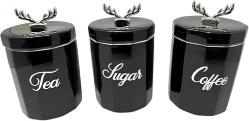 Tea Coffee and Sugar Canisters Set with Reindeer Lid, 3 Pack Ceramic Kitchen Canisters, 15 x 8cm Versatile Coffee and Tea Storage Jars, Transparent Window Airtight Biscuit Container Set (Black)