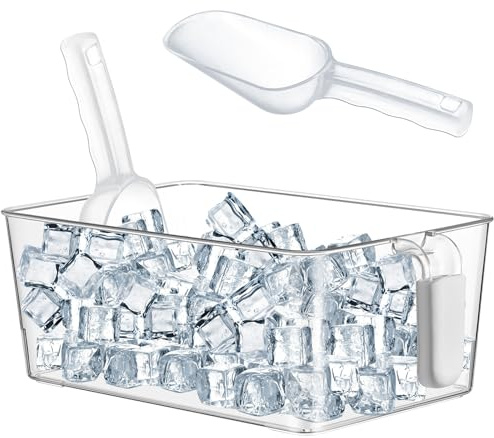 Havawish 1 Set Ice Bin and Flexible Scoop Set Plastic Freezer Ice Bin with Pull out Handle Storage Bucket Clear for Container with Bucket Scoop (10.83 x 7 x 4.33 in,Grey)
