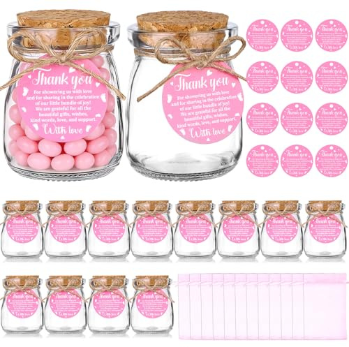 12 Sets Baby Shower 3.4 oz Glass Candy Bottle Baby Shower Favours Bottles for Sweets Pink/Blue Thank You Gifts for Guests Small Glass Jars with Cork Lids Label Tags Twine Bags for Boy Girl (Pink)