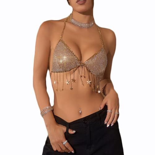 WTRYT Chaîne de corps 1 pièce haut à paillettes avec franges paillettes dos nu soutien-gorge bikini crop top chaîne dos nu chaîne de poitrine clubwear bijou de poitrine pour femme Nightclub Rave Party