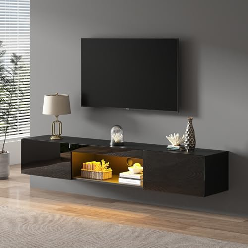 OKMYHOME Meuble TV Suspendu avec LED, 160 cm, Noir, pour TV 50–70 Pouces | Meuble télé de salon, App Bluetooth, charge maximale 30 kg, noir brillant, 2 placards, 1 niche, aggloméré, P 31 × H 22 cm