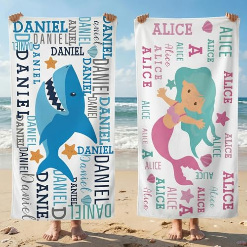 Personalisiertes Strandtuch mit Name für Kinder - Badetuch Beach Towel, saugfähig & schnelltrocknend, Hai oder Meerjungfrau Motiv - Strandtücher ideal für Strand, Pool, Geschenk für Jungen & Mädchen