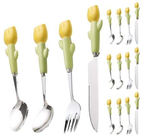 Set di Posate in Ceramica Semplice, Acciaio Inossidabile, Coltello, forchetta, Cucchiaio, Coltello da Bistecca, Posate da Cucina, Posate, cucchiaino (Giallo, 16 Pezzi)