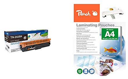 Brother Original Tonerkassette TN-242BK schwarz & Peach PP580-02 Laminierfolien, DIN A4, 80 mikron, 100 Stück