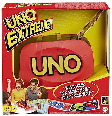 Mattel Games UNO Extreme, UNO Kartenspiel für die Familie, mit Kartenwerfer, Reisespiel oder Spiel für Erwachsene, für 2-10 Spieler, ab 7 Jahren, GXY75