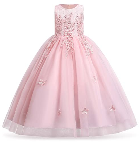IMEKIS Vestido de princesa para niña, con encaje, tul, tutú, lentejuelas, lazo, para fiesta, dama de honor, boda, cumpleaños, largo, desfile, vestido de baile.., Rosa 1, 7-8 años