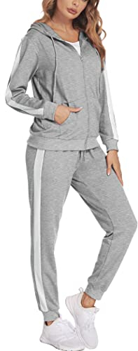 Parabler Damen Trainingsanzug Set Jogginganzug Zweiteiler Tracksuit Sportbekleidung SportwearFitness Training Tennis Streifen Grau XL