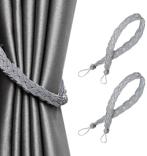 2 pcs Hand Knitting Curtains Braided Curtain Tiebacks, Tied Rope Simple Type Curtain Tie Backs and Accessories, Tie backs for home, office, restaurant, bar, office, hotel window decoration (Grey)