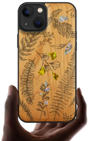 Carveit Coque Magnétique pour iPhone 13 Étui de TPU, Gravure en Bois et Incrustation de Coquille Cover Compatible avec 13 Magsafe Coque (Cerise-Feuilles de fougère et Herbes)