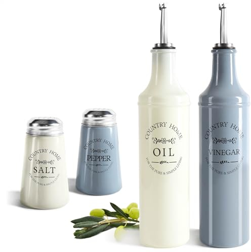 COM-FOUR® Set da Cucina da 4 Pezzi in Vetro - Bottiglia per Olio e Aceto con Versatore in Acciaio Inox, Sportello, Tubo di Ventilazione - Saliera e Pepiera (4 pezzi - bottiglie + shaker)